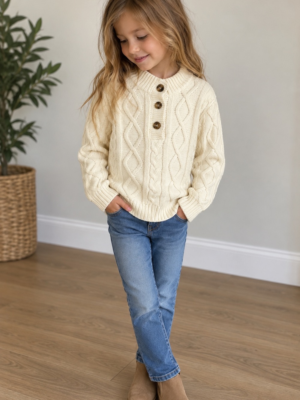 Hanna Andersson Cream Cable Knit Cardigan Sweater Size 5 (110) Kids Wool Blend